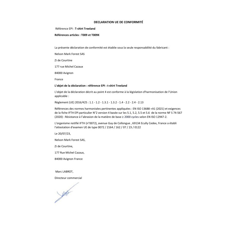 Déclaration de conformité EPI T-shirt Treeland T009 et T009K