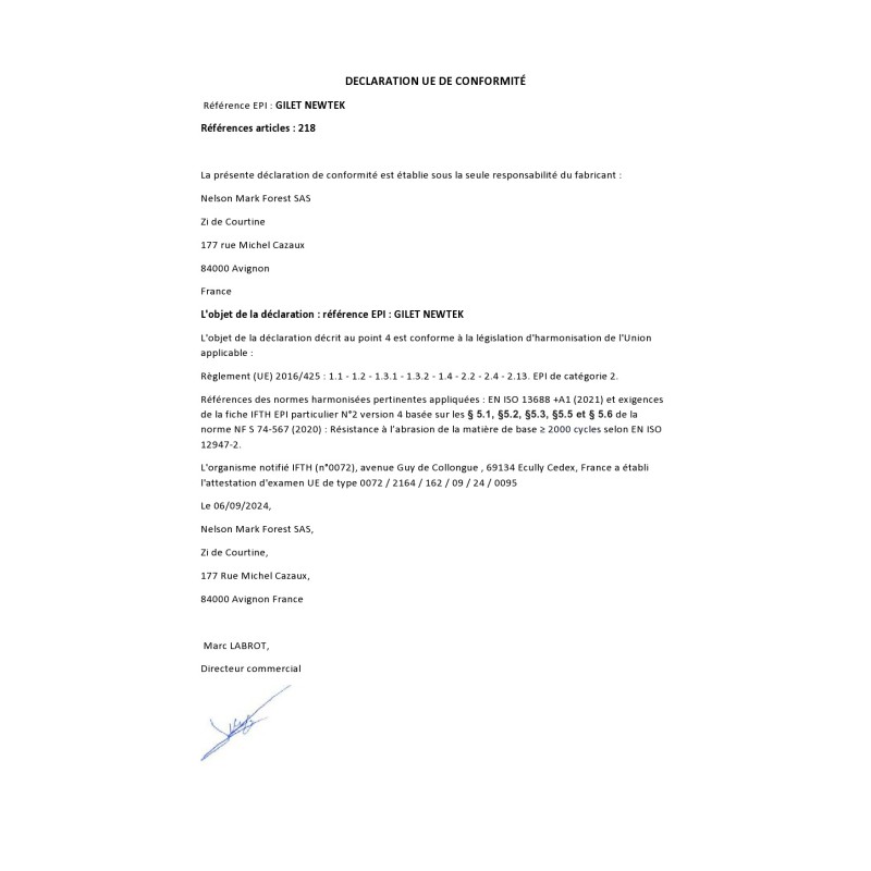 EPI GILET NEWTEK 218