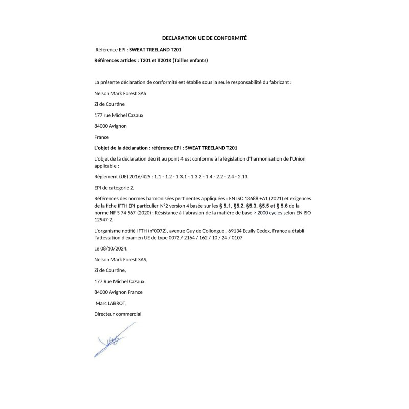 Déclaration de conformité EPI sweatTreeland T201 et T201K