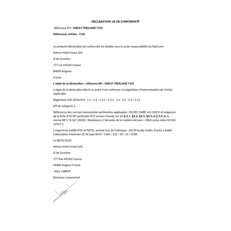 Déclaration de conformité EPI Sweat Treeland T105