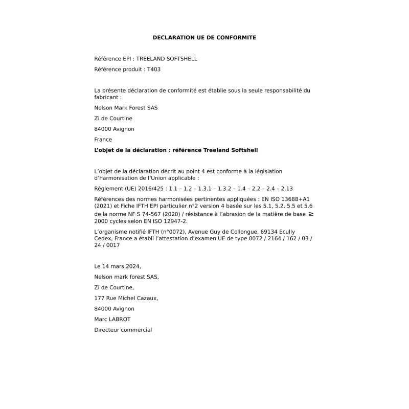Déclaration conformité Treeland Softshell T403