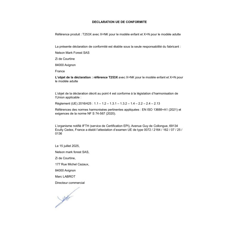 Déclaration de conformité EPI T253N et T253NK