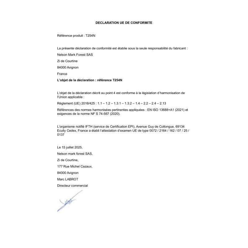 Déclaration de conformité EPI T254N