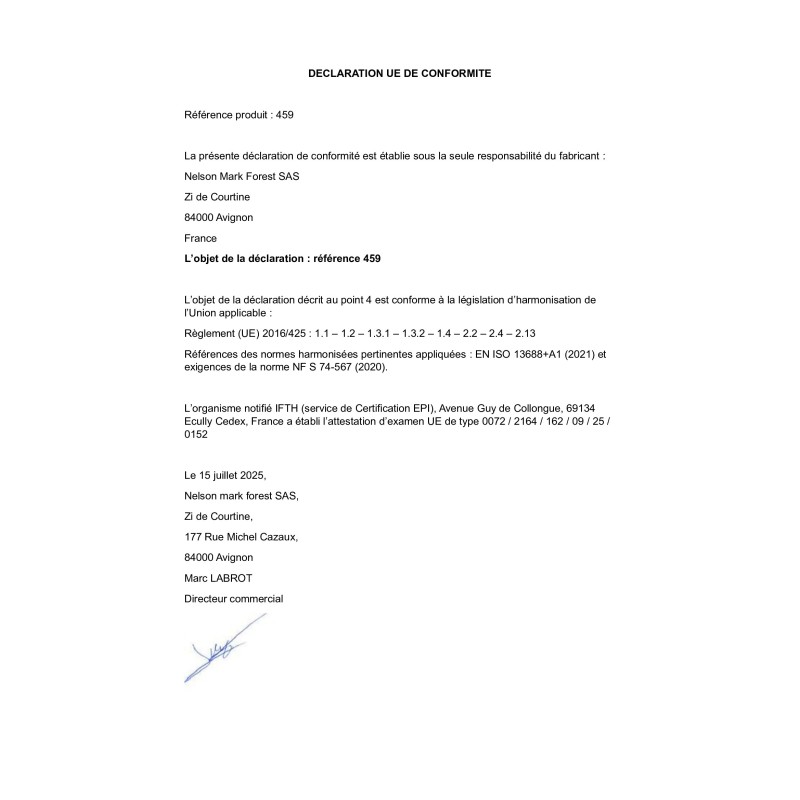 Déclaration de conformité EPI 459