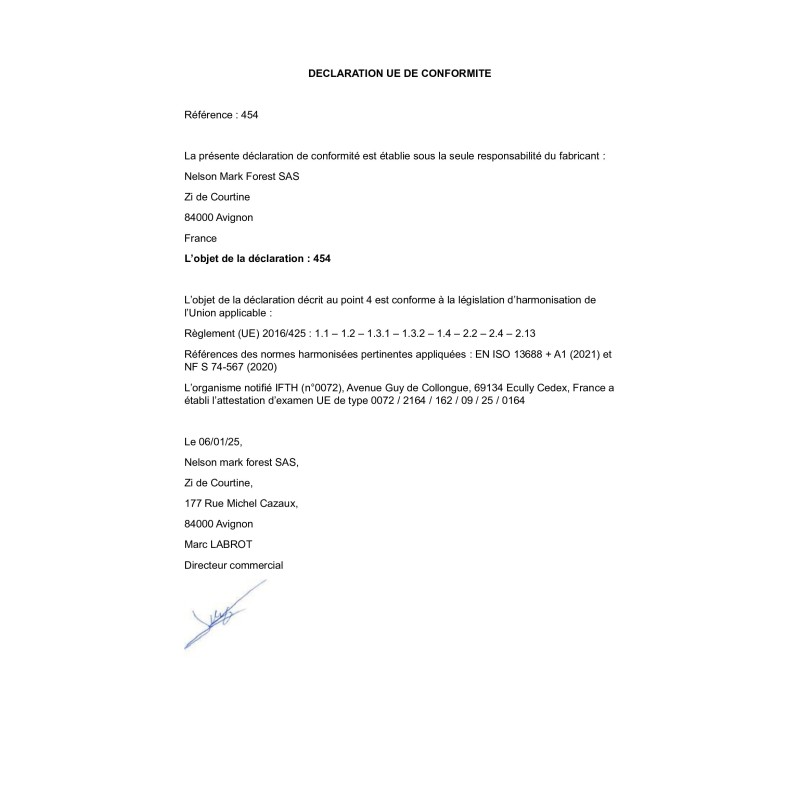 Déclaration de conformité EPI 454